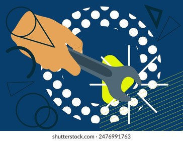 Wrench in hand, geometrical graphic retro theme background. Minimal geometric elements. Vintage abstract shapes vector illustration.