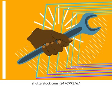 Wrench in hand, geometrical graphic retro theme background. Minimal geometric elements. Vintage abstract shapes vector illustration.