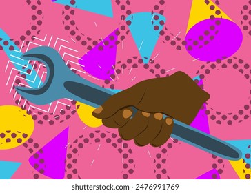 Wrench in hand, geometrical graphic retro theme background. Minimal geometric elements. Vintage abstract shapes vector illustration.