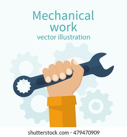 Wrench in hand human isolated on background. Mechanical work. Vector illustration flat design. Worker holding tool.