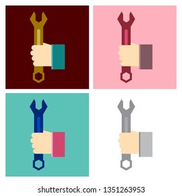 Wrench in hand icon. Black silhouette isolated on white background. Vector illustration flat design. Spanner pictogram. Handle industrial tool for repair. Symbol of heavy mechanical work, logo.