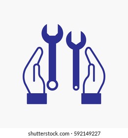 Wrench and Hand Icon. Flat Isolated Graphic Silhouette Vector Design Blue Color