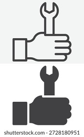Llave en el conjunto de iconos de la mano en estilo diferente. Icono de línea, contorno y sólido con signo y Vector de trazo editable. Icono de llave inglesa para servicio de ingeniería.