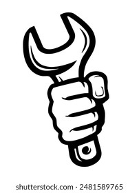 Wrench in hand icon. Spanner, tool for repair symbol vector. Heavy mechanical work logo