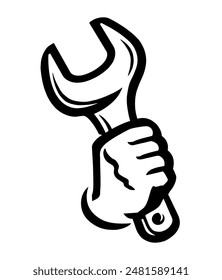 Wrench in hand icon. Work tool and fist symbol. Vector illustration