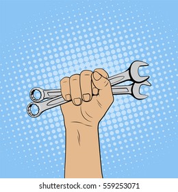 Wrench in hand illustration in comic style. Vector