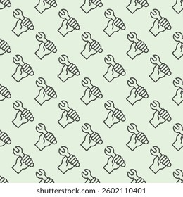 Wrench in hand line seamless pattern, repair service theme. Vector graphics. Human hand with wrench sign with background, repeat line icon