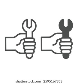 Wrench in hand line and solid icon, repair service concept. Vector graphics. Human hand with wrench sign on white background, outline style icon for mobile or web design