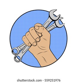 Wrench in hand logo in comic style. Vector