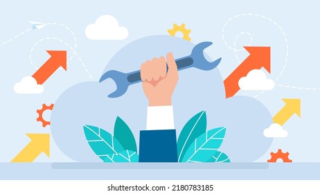 Wrench in hand. Man's hand holds a spanner. Close up. Repairs, maintenance, construction concept. Technical service, repairs, customer support, mechanical processes. Flat design. Vector illustration