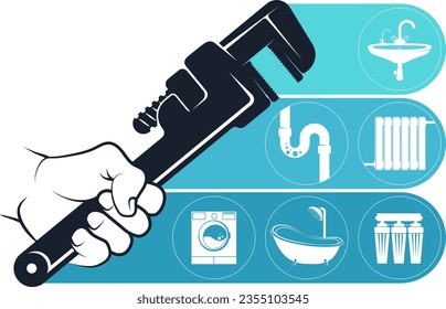 Wrench in the hand of a plumber. Repair and service plumbing symbol