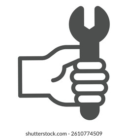 Wrench in hand solid icon, repair service concept. Vector graphics. Human hand with wrench sign on white background, glyph style icon for mobile or web design