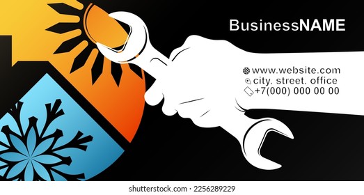 Wrench in hand. Sun and snowflake symbol. Air conditioner service and repair business card concept