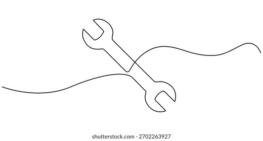 Wrench hand tool continuous one line drawing on white background.