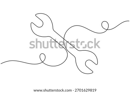 Wrench hand tool continuous one line drawing on white background minimalist icon outline vector illustration