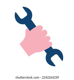 Wrench in hand. Vector illustration flat design. Handle industrial tool for repair. Symbol of heavy mechanical work, logo.