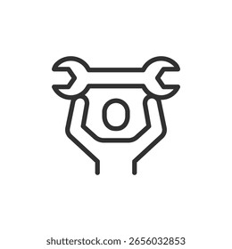 Llave en las manos, icono lineal. Cooperación en reparaciones, trabajo en equipo o Asistencia técnica. Línea con trazo editable.