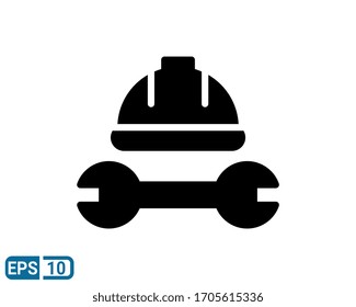 wrench and hard hat helmet solid style icon on white background. EPS 10