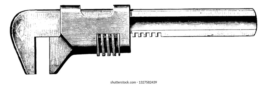 Wrench has a solid metallic body, mainly used to hold objects or turn them, vintage engraved line art illustration. Bicycle Accessories - 1900