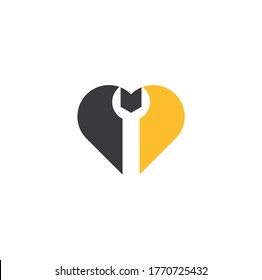wrench heart shape concept logo design template vector. Wrench repair logo icon with swoosh graphic element