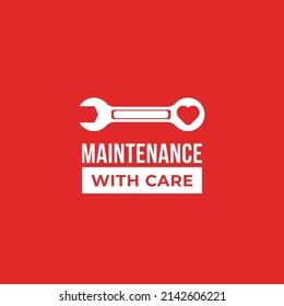Wrench with heart symbol, maintenance with care sign logo icon poster design concept. Vector illustration template