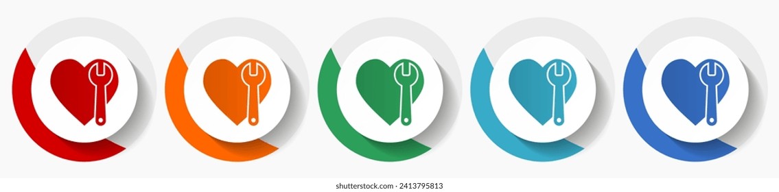 Wrench and heart vector icon set, flat icons for logo design, webdesign and mobile applications, colorful round buttons