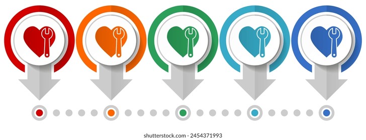 Wrench and heart vector icon set, flat design infographic template, set pointer concept icons in 5 color options for webdesign and mobile applications