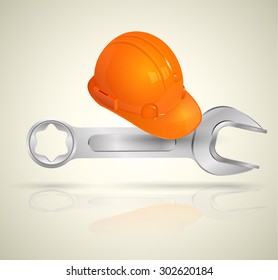 Wrench and helmet for Industrial worker. Vector illustration.
