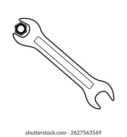 Wrench with Hex Nut Outline Vector Illustration. This black and white vector illustration features a line drawing of a classic wrench holding a hexagonal nut.