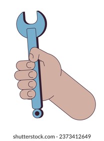 Wrench holding linear cartoon character hand illustration. Handyman tool outline 2D vector image, white background. Auto mechanic, repairman arm. Spanner do-it-yourself editable flat color clipart