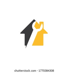 wrench home shape concept logo design template vector. Wrench repair logo icon with swoosh graphic element