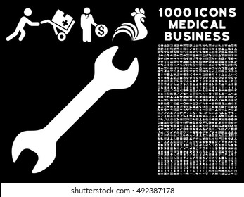 Wrench icon with 1000 medical commerce white vector design elements. Set style is flat symbols, black background.