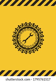 wrench icon black grunge emblem, yellow warning sign. Vector Illustration. Detailed. 