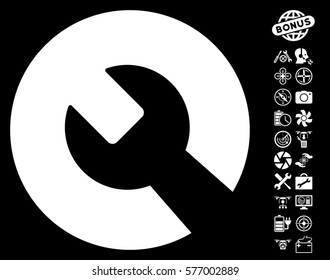 Wrench icon with bonus aircopter tools symbols. Vector illustration style is flat iconic white symbols on black background.