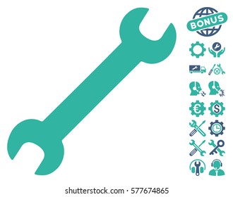 Wrench icon with bonus configuration design elements. Vector illustration style is flat iconic cobalt and cyan symbols on white background.