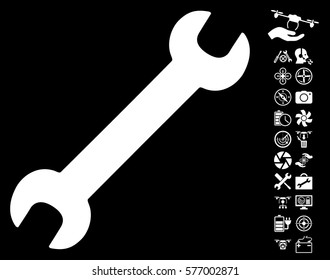 Wrench icon with bonus drone tools graphic icons. Vector illustration style is flat iconic white symbols on black background.