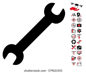 Wrench icon with bonus nanocopter tools pictures. Vector illustration style is flat iconic intensive red and black symbols on white background.