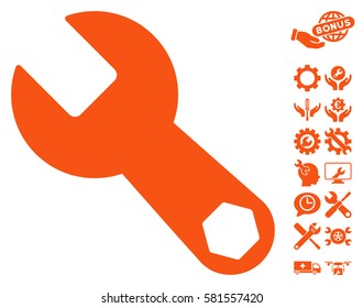 Wrench icon with bonus options images. Vector illustration style is flat iconic orange symbols on white background.