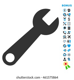 Wrench icon with bonus pictograms. Vector style is bicolor flat iconic symbol with rounded angles, blue and gray colors, white background.
