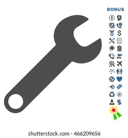 Wrench icon with bonus pictograms. Vector style is bicolor flat iconic symbol with rounded angles, cobalt and gray colors, white background.