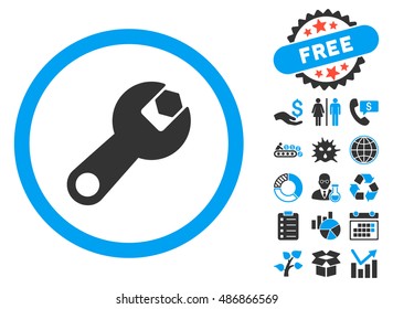 Wrench icon with bonus pictograph collection. Vector illustration style is flat iconic bicolor symbols, blue and gray colors, white background.