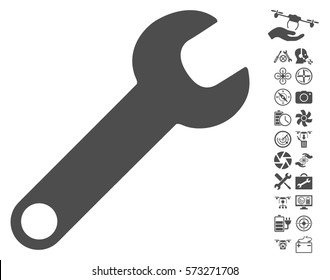 Wrench icon with bonus quad copter tools design elements. Vector illustration style is flat iconic symbols on white background.