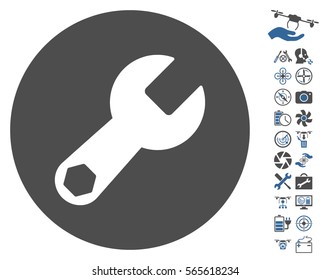 Wrench icon with bonus quadrocopter tools graphic icons. Vector illustration style is flat iconic cobalt and gray symbols on white background.