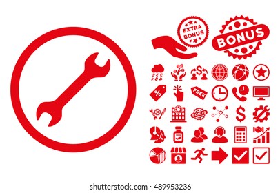 Wrench icon with bonus icon set. Vector illustration style is flat iconic symbols, red color, white background.