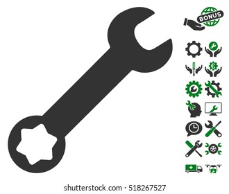 Wrench icon with bonus settings clip art. Vector illustration style is flat iconic green and gray symbols on white background.
