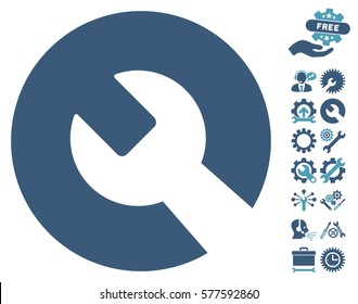 Icono de llave inglesa con elementos de diseño de configuración de bonus. El estilo de ilustración vectorial es un icono plano de los símbolos cian y azul sobre fondo blanco.