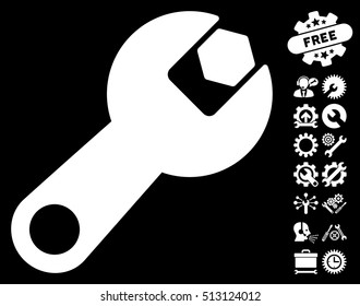 Wrench icon with bonus setup tools pictograms. Vector illustration style is flat iconic white symbols on black background.