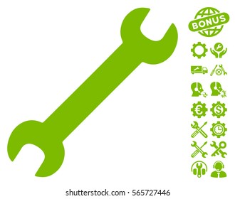 Wrench icon with bonus setup tools pictograph collection. Vector illustration style is flat iconic eco green symbols on white background.