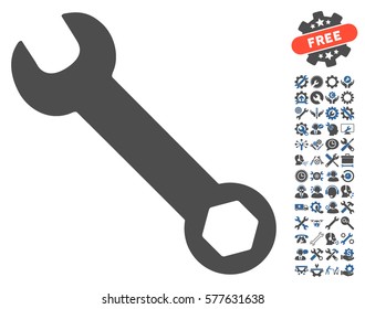 Wrench icon with bonus tools images. Vector illustration style is flat iconic cobalt and gray symbols on white background.