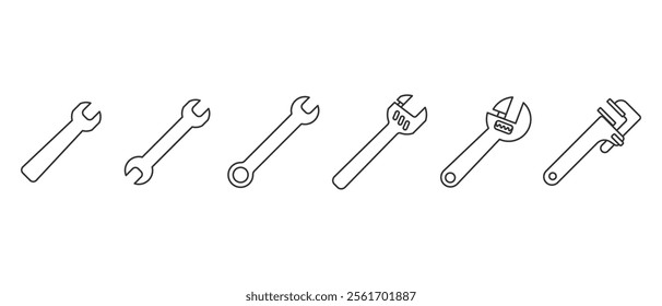 Wrench icon collection. Carpentry and workshop equipment icons. Work tools. A set of work tools. Collection of repair and construction tools in line style vector illustration on transparent background